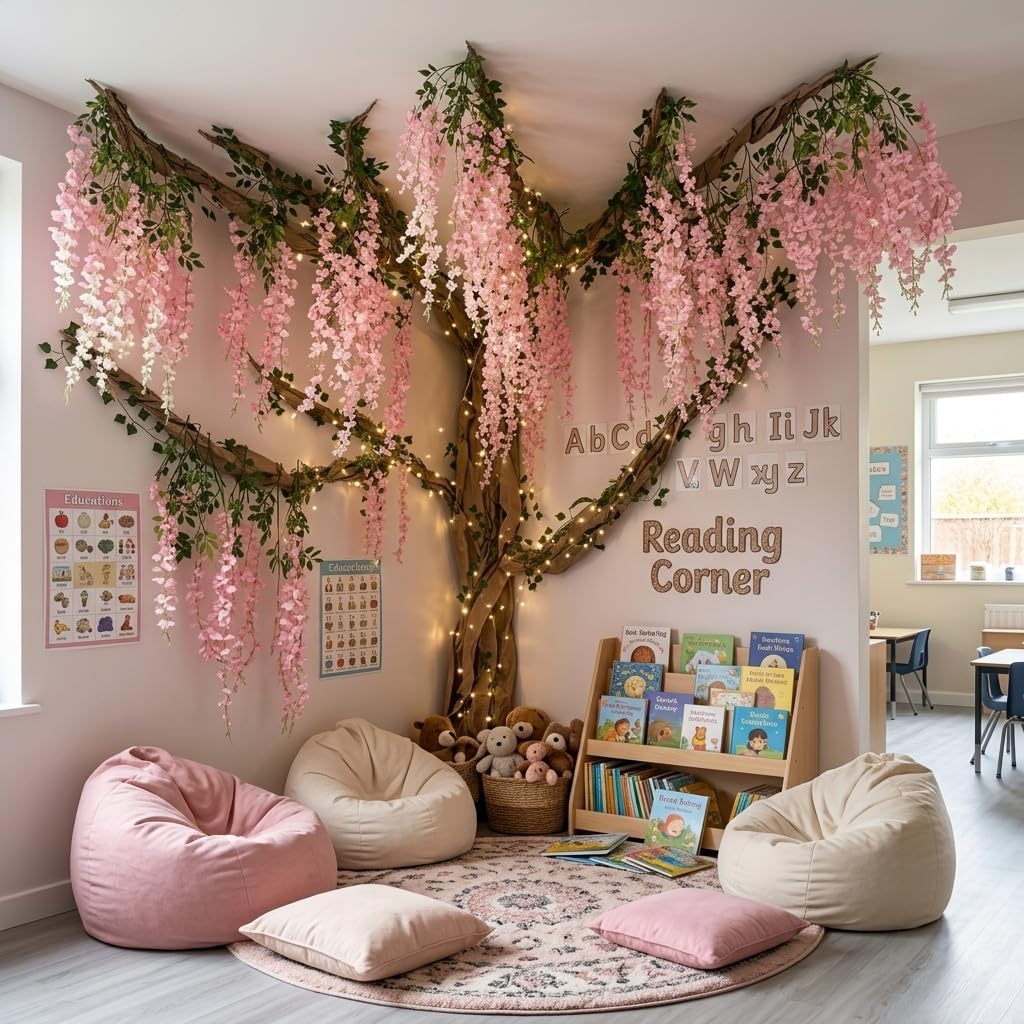 3D Classroom Tree Wisteria Tree Ceiling Decor with Light, Back to School Classroom Bulletin Board Decor, 24 PCS Kraft Paper Fake Vine for Hanging Bedroom Indoor Aesthetic Decoration (White, Purple)