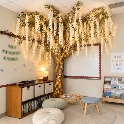 3D Classroom Tree Wisteria Tree Ceiling Decor with Light, Back to School Classroom Bulletin Board Decor, 24 PCS Kraft Paper Fake Vine for Hanging Bedroom Indoor Aesthetic Decoration (White, Purple)