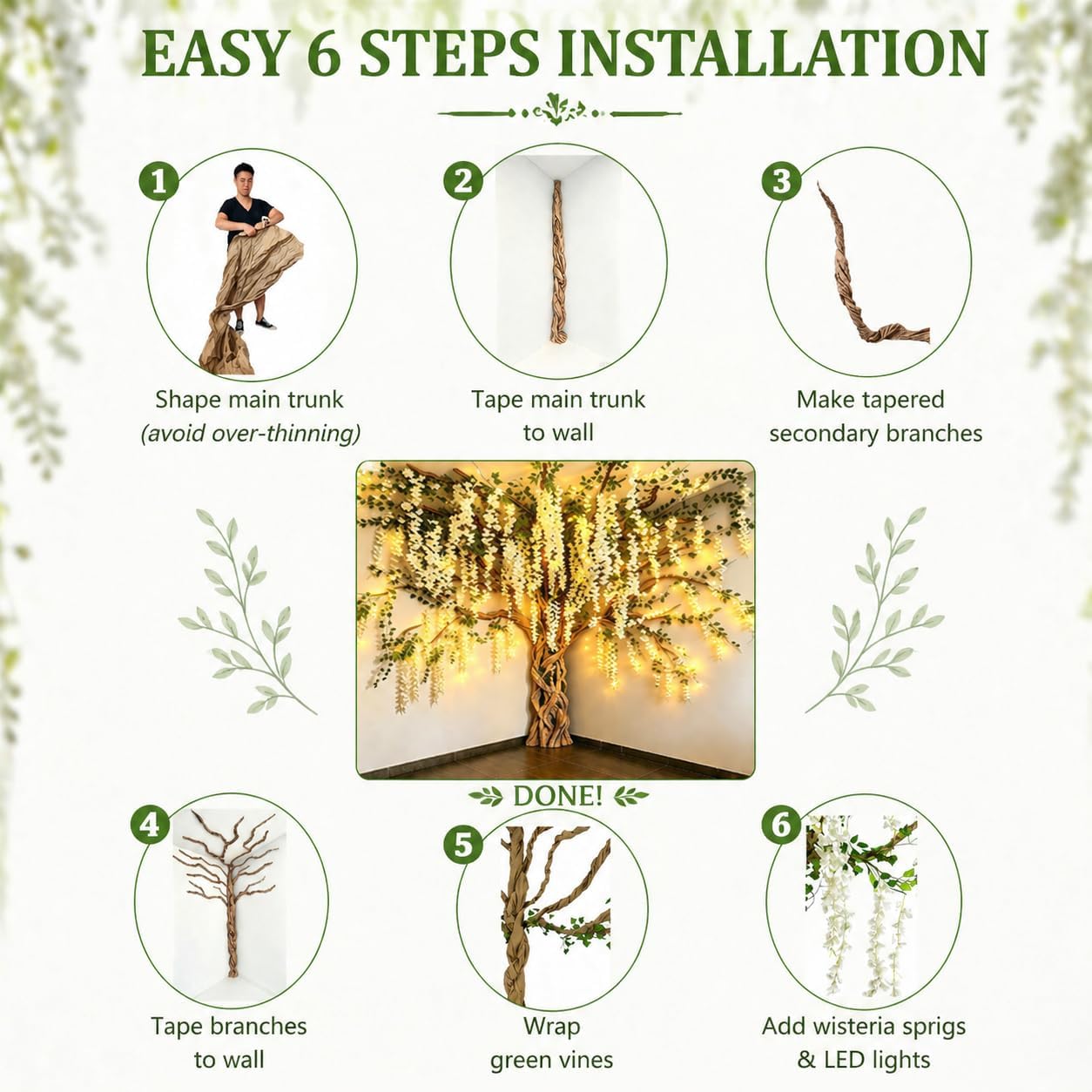 3D Classroom Tree Wisteria Tree Ceiling Decor with Light, Back to School Classroom Bulletin Board Decor, 24 PCS Kraft Paper Fake Vine for Hanging Bedroom Indoor Aesthetic Decoration (White, Purple)