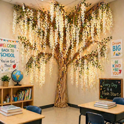3D Classroom Tree Wisteria Tree Ceiling Decor with Light, Back to School Classroom Bulletin Board Decor, 24 PCS Kraft Paper Fake Vine for Hanging Bedroom Indoor Aesthetic Decoration (White, Purple)