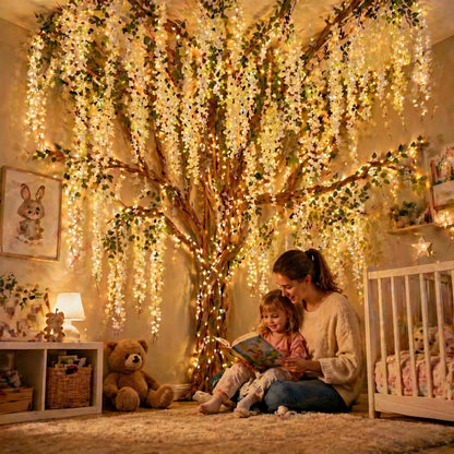 3D Classroom Tree Wisteria Tree Ceiling Decor with Light, Back to School Classroom Bulletin Board Decor, 24 PCS Kraft Paper Fake Vine for Hanging Bedroom Indoor Aesthetic Decoration (White, Purple)