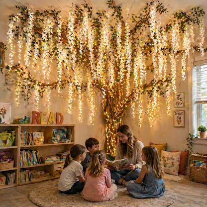 3D Classroom Tree Wisteria Tree Ceiling Decor with Light, Back to School Classroom Bulletin Board Decor, 24 PCS Kraft Paper Fake Vine for Hanging Bedroom Indoor Aesthetic Decoration (White, Purple)