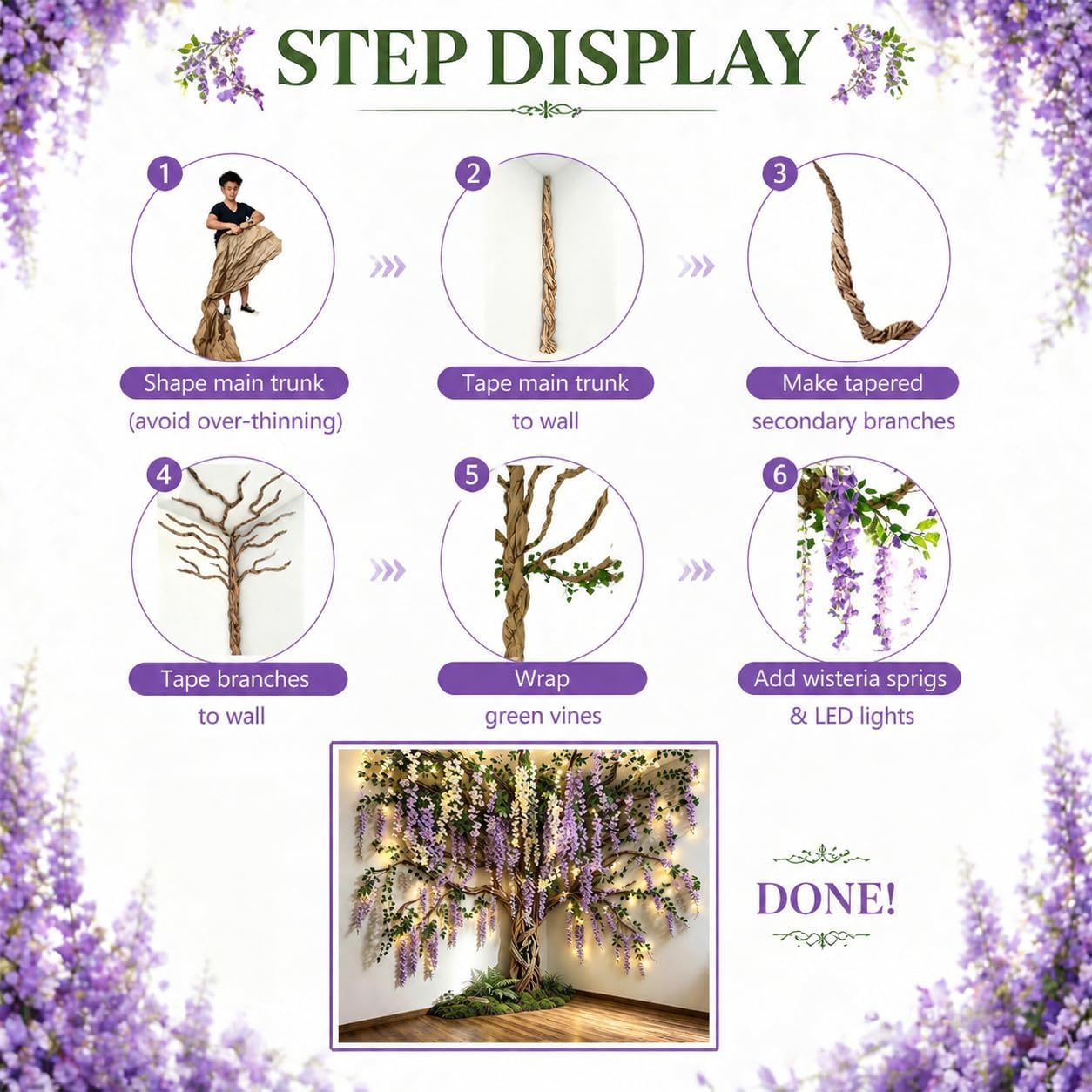 3D Classroom Tree Wisteria Tree Ceiling Decor with Light, Back to School Classroom Bulletin Board Decor, 24 PCS Kraft Paper Fake Vine for Hanging Bedroom Indoor Aesthetic Decoration (White, Purple)
