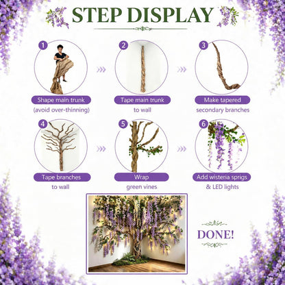 3D Classroom Tree Wisteria Tree Ceiling Decor with Light, Back to School Classroom Bulletin Board Decor, 24 PCS Kraft Paper Fake Vine for Hanging Bedroom Indoor Aesthetic Decoration (White, Purple)