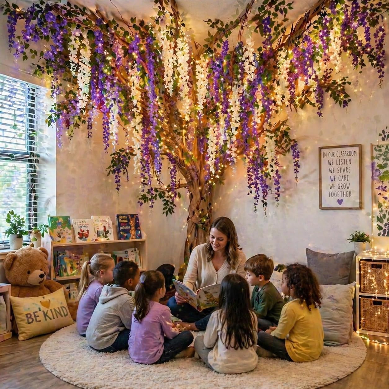 3D Classroom Tree Wisteria Tree Ceiling Decor with Light, Back to School Classroom Bulletin Board Decor, 24 PCS Kraft Paper Fake Vine for Hanging Bedroom Indoor Aesthetic Decoration (White, Purple)