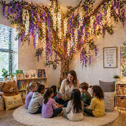 3D Classroom Tree Wisteria Tree Ceiling Decor with Light, Back to School Classroom Bulletin Board Decor, 24 PCS Kraft Paper Fake Vine for Hanging Bedroom Indoor Aesthetic Decoration (White, Purple)