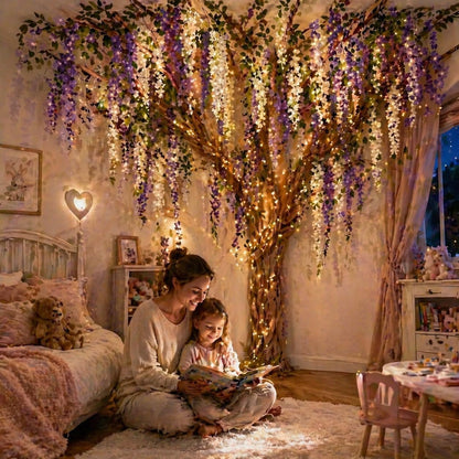 3D Classroom Tree Wisteria Tree Ceiling Decor with Light, Back to School Classroom Bulletin Board Decor, 24 PCS Kraft Paper Fake Vine for Hanging Bedroom Indoor Aesthetic Decoration (White, Purple)