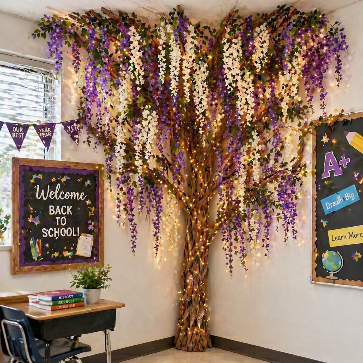 3D Classroom Tree Wisteria Tree Ceiling Decor with Light, Back to School Classroom Bulletin Board Decor, 24 PCS Kraft Paper Fake Vine for Hanging Bedroom Indoor Aesthetic Decoration (White, Purple)
