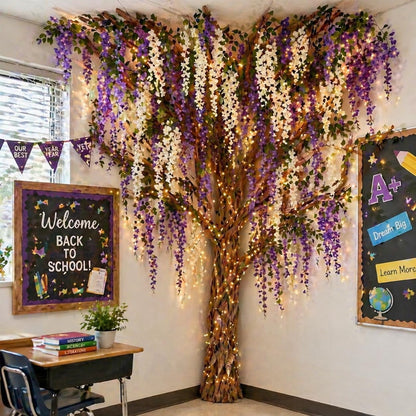 3D Classroom Tree Wisteria Tree Ceiling Decor with Light, Back to School Classroom Bulletin Board Decor, 24 PCS Kraft Paper Fake Vine for Hanging Bedroom Indoor Aesthetic Decoration (White, Purple)