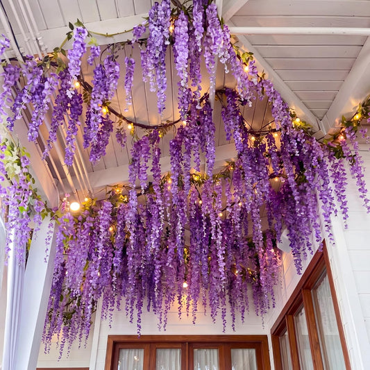 26 Pcs 3D Wisteria Tree for Classroom Room Ceiling Wall Decor Bulletin Board Large Wisteria Garland with 5 Metal Mesh Panel Artificial Fake Hanging Flower Wedding Backdrop(Purple)