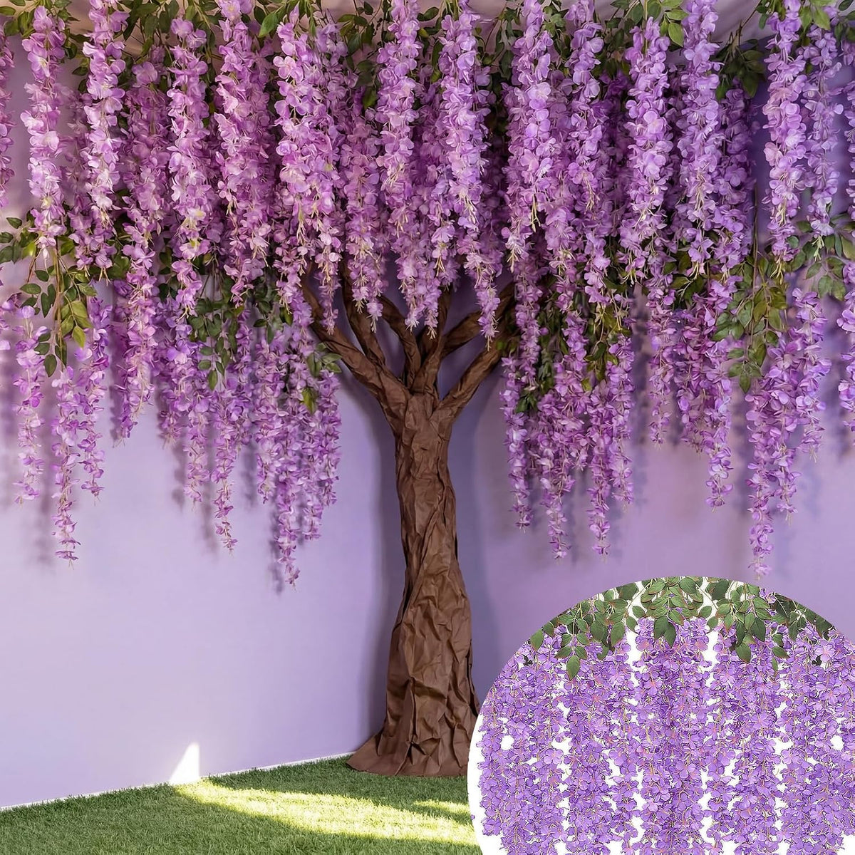 26 Pcs 3D Wisteria Tree for Classroom Room Ceiling Wall Decor Bulletin Board Large Wisteria Garland with 5 Metal Mesh Panel Artificial Fake Hanging Flower Wedding Backdrop(Purple)