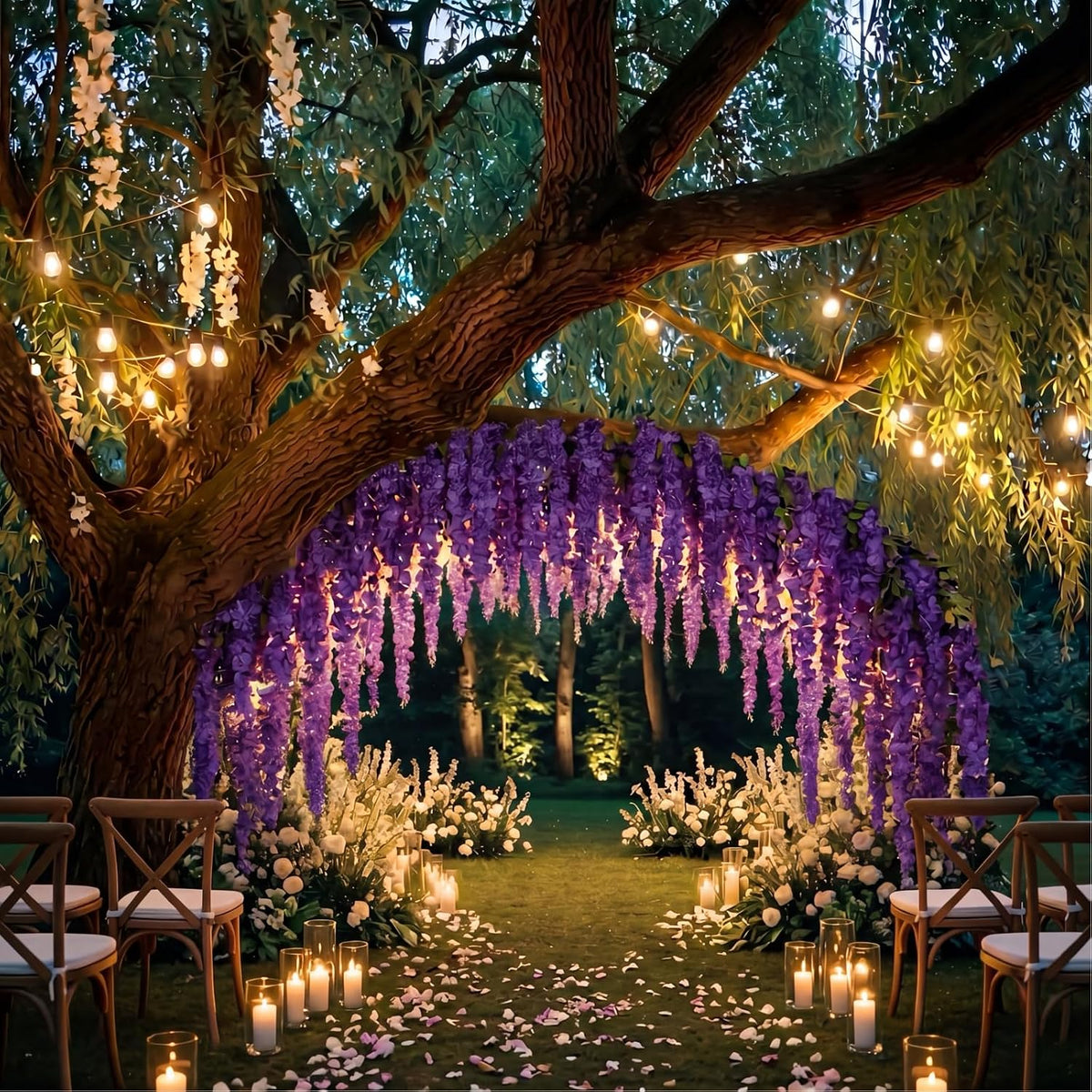 26 Pcs 3D Wisteria Tree for Classroom Room Ceiling Wall Decor Bulletin Board Large Wisteria Garland with 5 Metal Mesh Panel Artificial Fake Hanging Flower Wedding Backdrop(Purple)