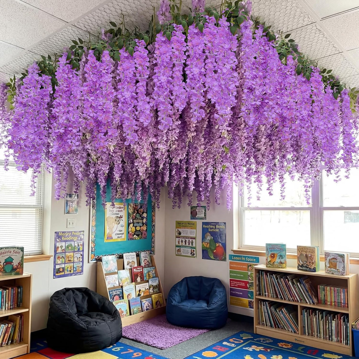 26 Pcs 3D Wisteria Tree for Classroom Room Ceiling Wall Decor Bulletin Board Large Wisteria Garland with 5 Metal Mesh Panel Artificial Fake Hanging Flower Wedding Backdrop(Purple)