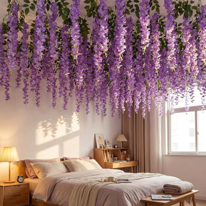 26 Pcs 3D Wisteria Tree for Classroom Room Ceiling Wall Decor Bulletin Board Large Wisteria Garland with 5 Metal Mesh Panel Artificial Fake Hanging Flower Wedding Backdrop(Purple)