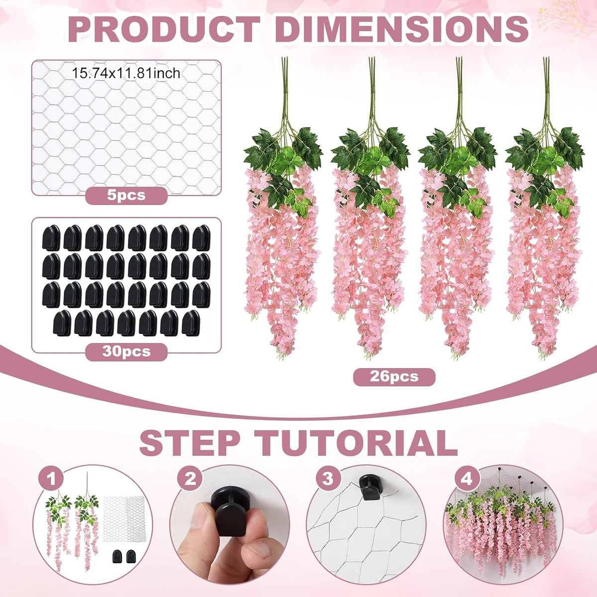 26 Pcs 3D Wisteria Tree for Classroom Room Ceiling Wall Decor Bulletin Board Large Wisteria Garland with 5 Metal Mesh Panel Artificial Fake Hanging Flower Wedding Backdrop(Purple)