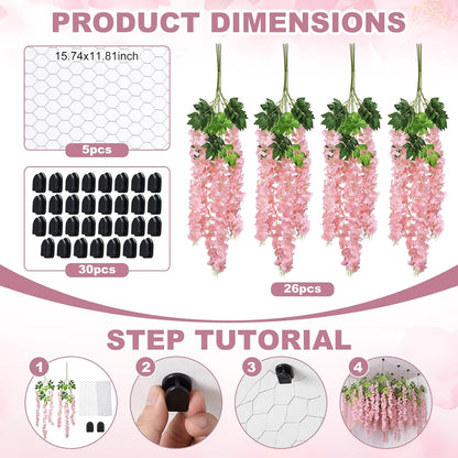 26 Pcs 3D Wisteria Tree for Classroom Room Ceiling Wall Decor Bulletin Board Large Wisteria Garland with 5 Metal Mesh Panel Artificial Fake Hanging Flower Wedding Backdrop(Purple)