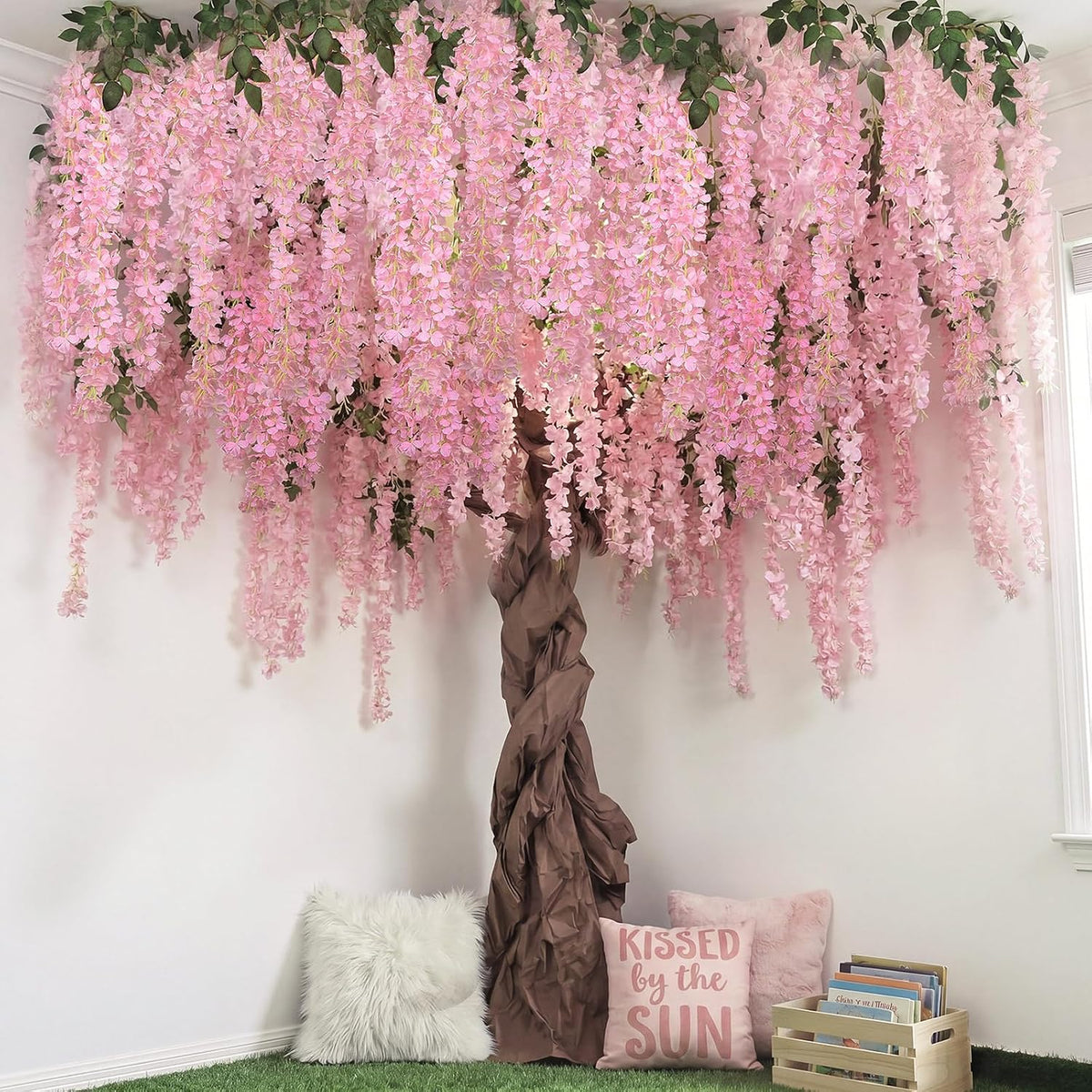 26 Pcs 3D Wisteria Tree for Classroom Room Ceiling Wall Decor Bulletin Board Large Wisteria Garland with 5 Metal Mesh Panel Artificial Fake Hanging Flower Wedding Backdrop(Purple)