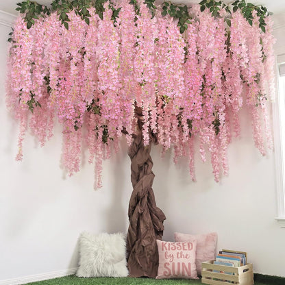 26 Pcs 3D Wisteria Tree for Classroom Room Ceiling Wall Decor Bulletin Board Large Wisteria Garland with 5 Metal Mesh Panel Artificial Fake Hanging Flower Wedding Backdrop(Purple)