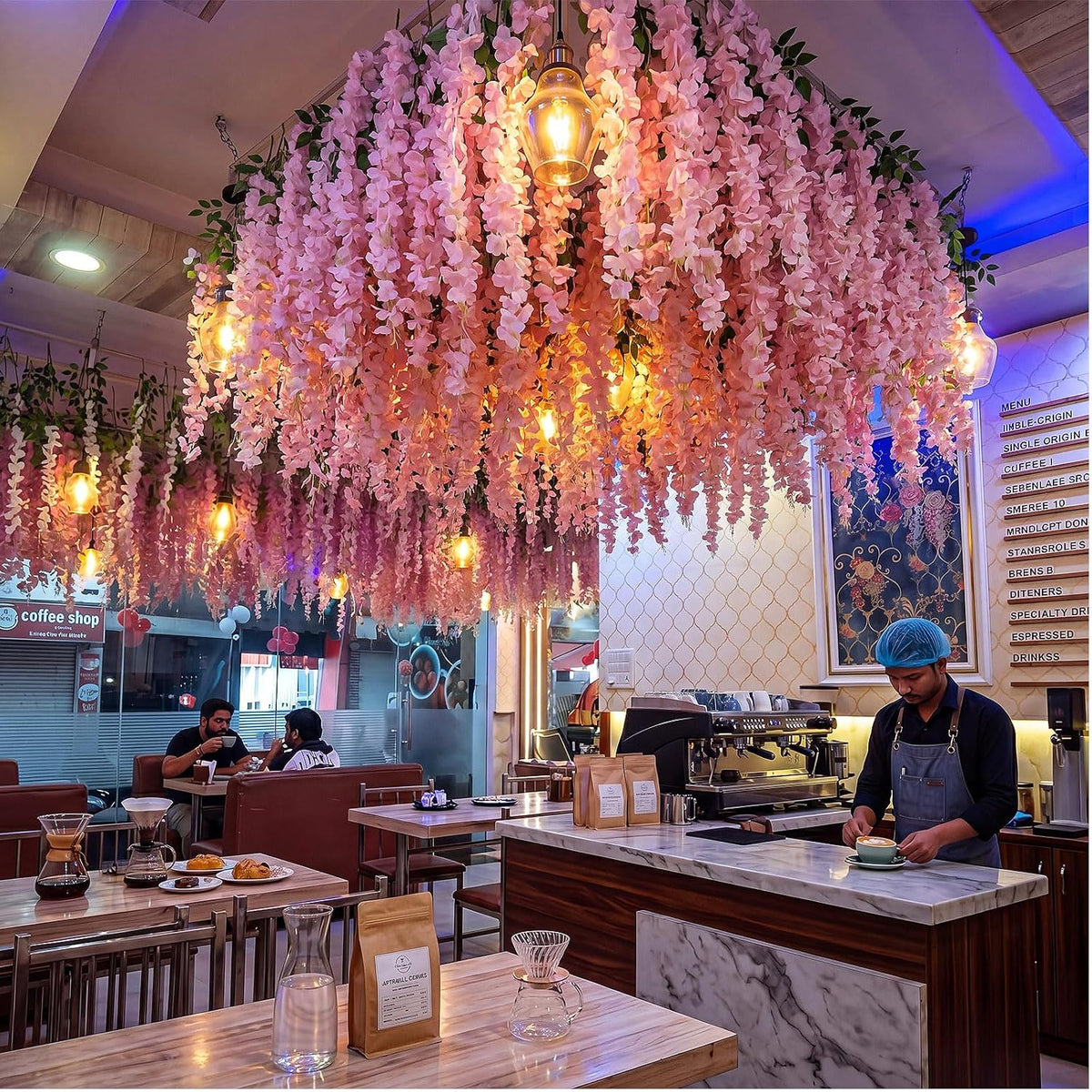 26 Pcs 3D Wisteria Tree for Classroom Room Ceiling Wall Decor Bulletin Board Large Wisteria Garland with 5 Metal Mesh Panel Artificial Fake Hanging Flower Wedding Backdrop(Purple)