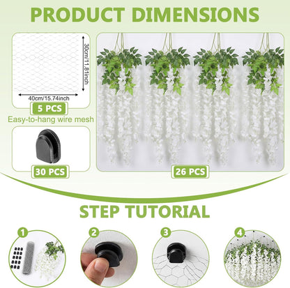 26 Pcs 3D Wisteria Tree for Classroom Room Ceiling Wall Decor Bulletin Board Large Wisteria Garland with 5 Metal Mesh Panel Artificial Fake Hanging Flower Wedding Backdrop(Purple)