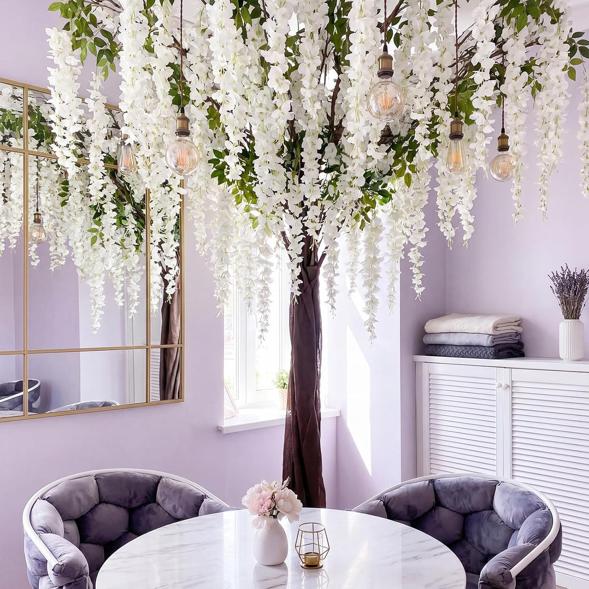 26 Pcs 3D Wisteria Tree for Classroom Room Ceiling Wall Decor Bulletin Board Large Wisteria Garland with 5 Metal Mesh Panel Artificial Fake Hanging Flower Wedding Backdrop(Purple)