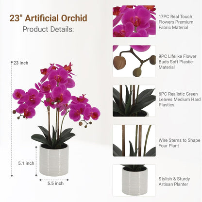 Fake Orchid Plant 23" Tall, Realistic Touch Leaves, Potted Phalaenopsis Artificial Plants Indoor for Home Decor Small Office Home Living Room-Dark Pink