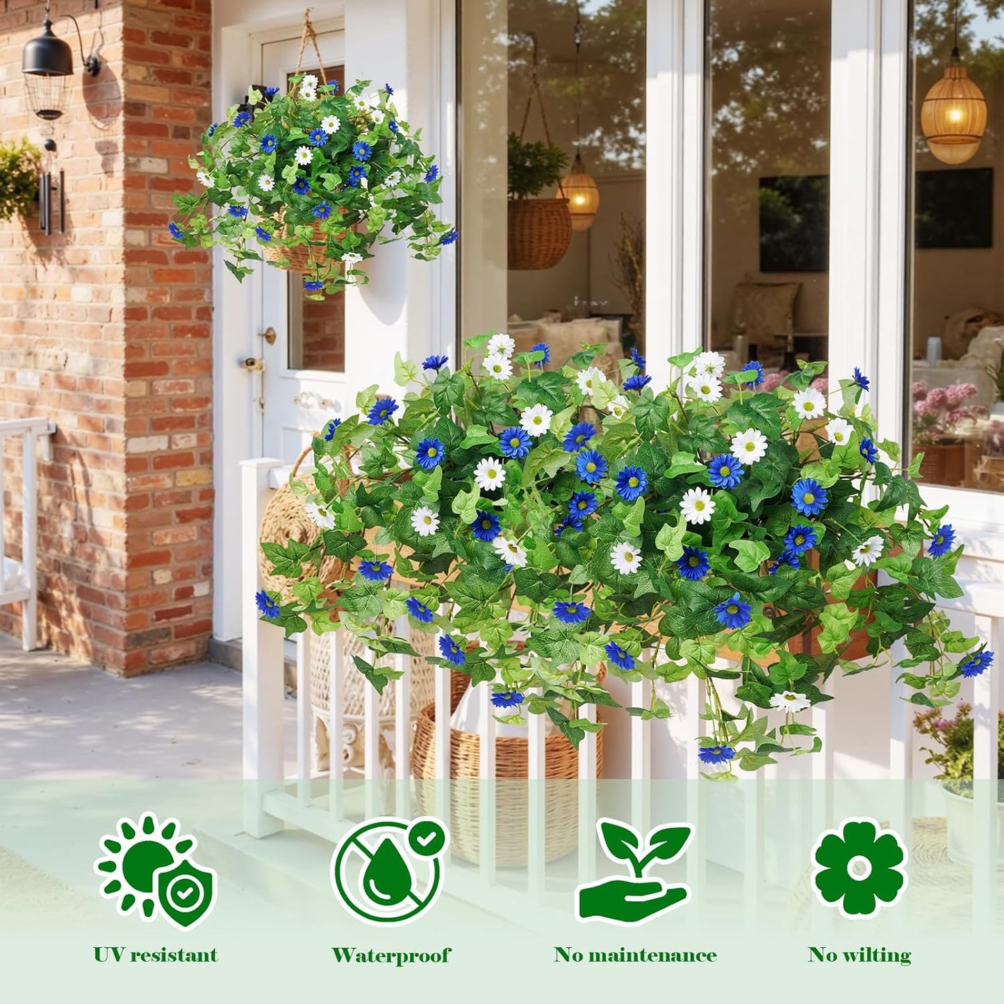 3 Pcs Artificial Flowers for Outdoors UV Resistant Fake Ivy Plants Greenery Faux Silk Daisy Flowers for Outside Planters Garden Porch Window Box Balcony Summer Home Decor (Rose Red,Pink)