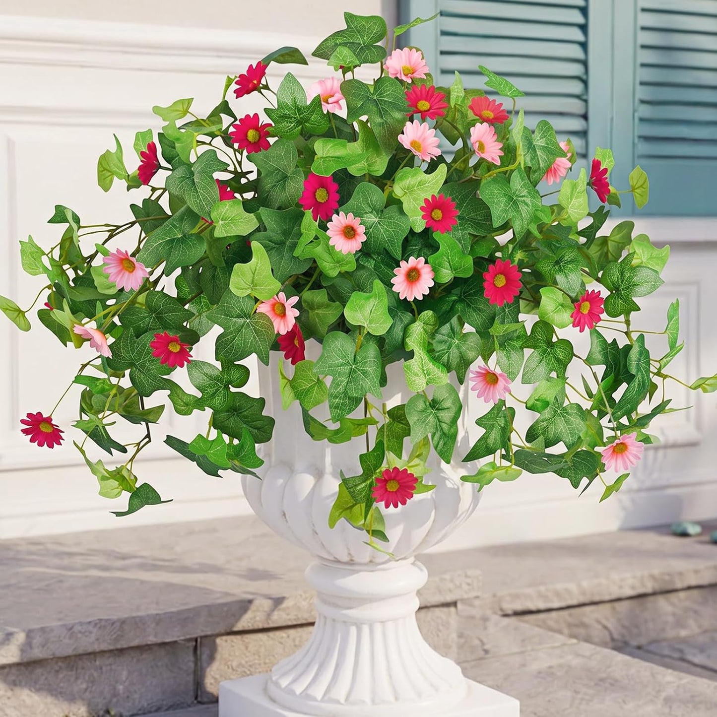 3 Pcs Artificial Flowers for Outdoors UV Resistant Fake Ivy Plants Greenery Faux Silk Daisy Flowers for Outside Planters Garden Porch Window Box Balcony Summer Home Decor (Rose Red,Pink)