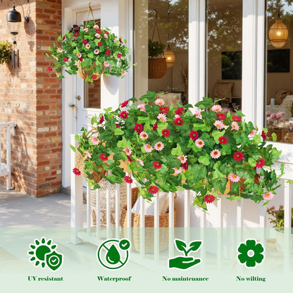 3 Pcs Artificial Flowers for Outdoors UV Resistant Fake Ivy Plants Greenery Faux Silk Daisy Flowers for Outside Planters Garden Porch Window Box Balcony Summer Home Decor (Rose Red,Pink)