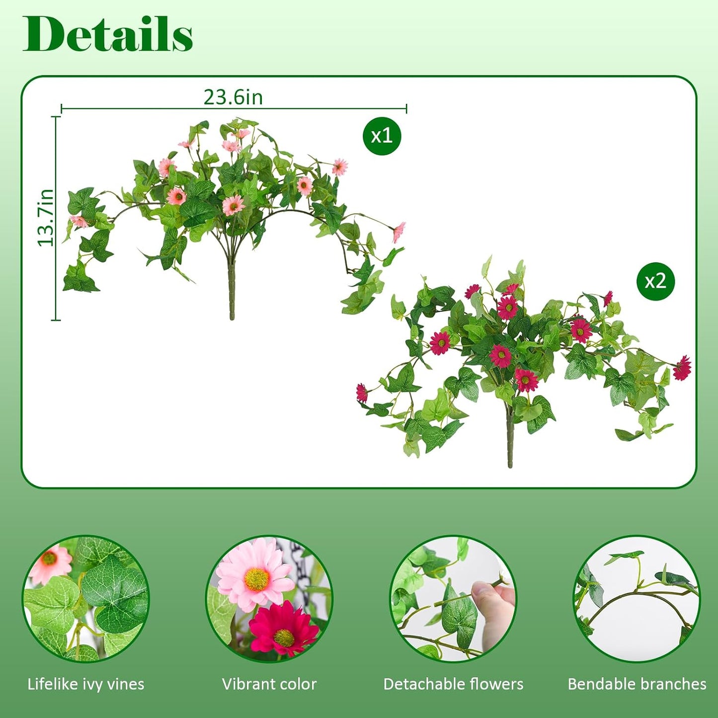 3 Pcs Artificial Flowers for Outdoors UV Resistant Fake Ivy Plants Greenery Faux Silk Daisy Flowers for Outside Planters Garden Porch Window Box Balcony Summer Home Decor (Rose Red,Pink)