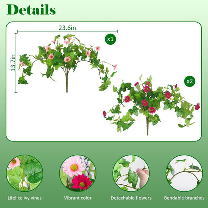 3 Pcs Artificial Flowers for Outdoors UV Resistant Fake Ivy Plants Greenery Faux Silk Daisy Flowers for Outside Planters Garden Porch Window Box Balcony Summer Home Decor (Rose Red,Pink)