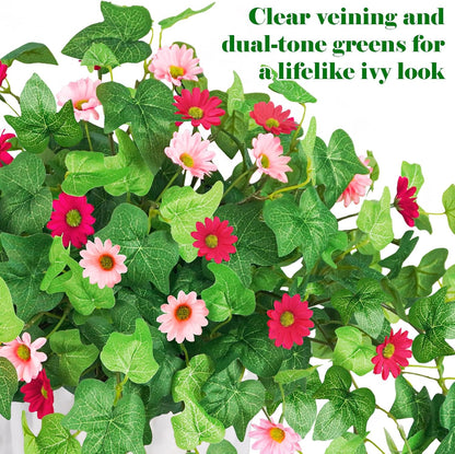 3 Pcs Artificial Flowers for Outdoors UV Resistant Fake Ivy Plants Greenery Faux Silk Daisy Flowers for Outside Planters Garden Porch Window Box Balcony Summer Home Decor (Rose Red,Pink)