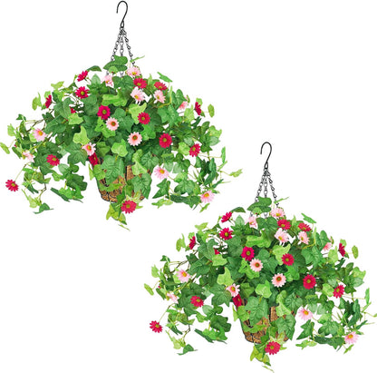 3 Pcs Artificial Flowers for Outdoors UV Resistant Fake Ivy Plants Greenery Faux Silk Daisy Flowers for Outside Planters Garden Porch Window Box Balcony Summer Home Decor (Rose Red,Pink)