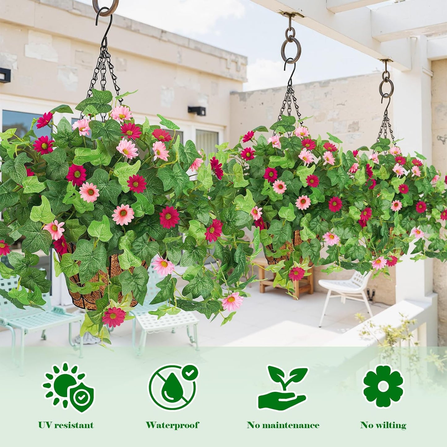 3 Pcs Artificial Flowers for Outdoors UV Resistant Fake Ivy Plants Greenery Faux Silk Daisy Flowers for Outside Planters Garden Porch Window Box Balcony Summer Home Decor (Rose Red,Pink)