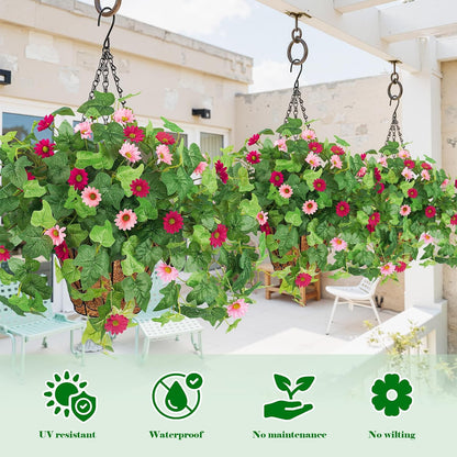 3 Pcs Artificial Flowers for Outdoors UV Resistant Fake Ivy Plants Greenery Faux Silk Daisy Flowers for Outside Planters Garden Porch Window Box Balcony Summer Home Decor (Rose Red,Pink)