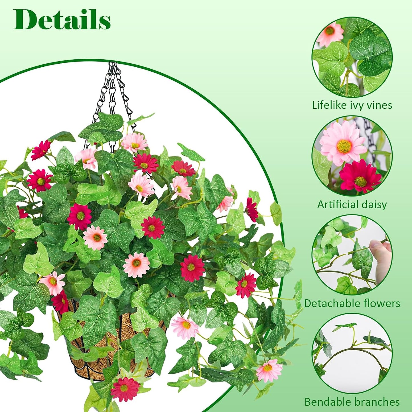 3 Pcs Artificial Flowers for Outdoors UV Resistant Fake Ivy Plants Greenery Faux Silk Daisy Flowers for Outside Planters Garden Porch Window Box Balcony Summer Home Decor (Rose Red,Pink)