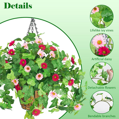 3 Pcs Artificial Flowers for Outdoors UV Resistant Fake Ivy Plants Greenery Faux Silk Daisy Flowers for Outside Planters Garden Porch Window Box Balcony Summer Home Decor (Rose Red,Pink)