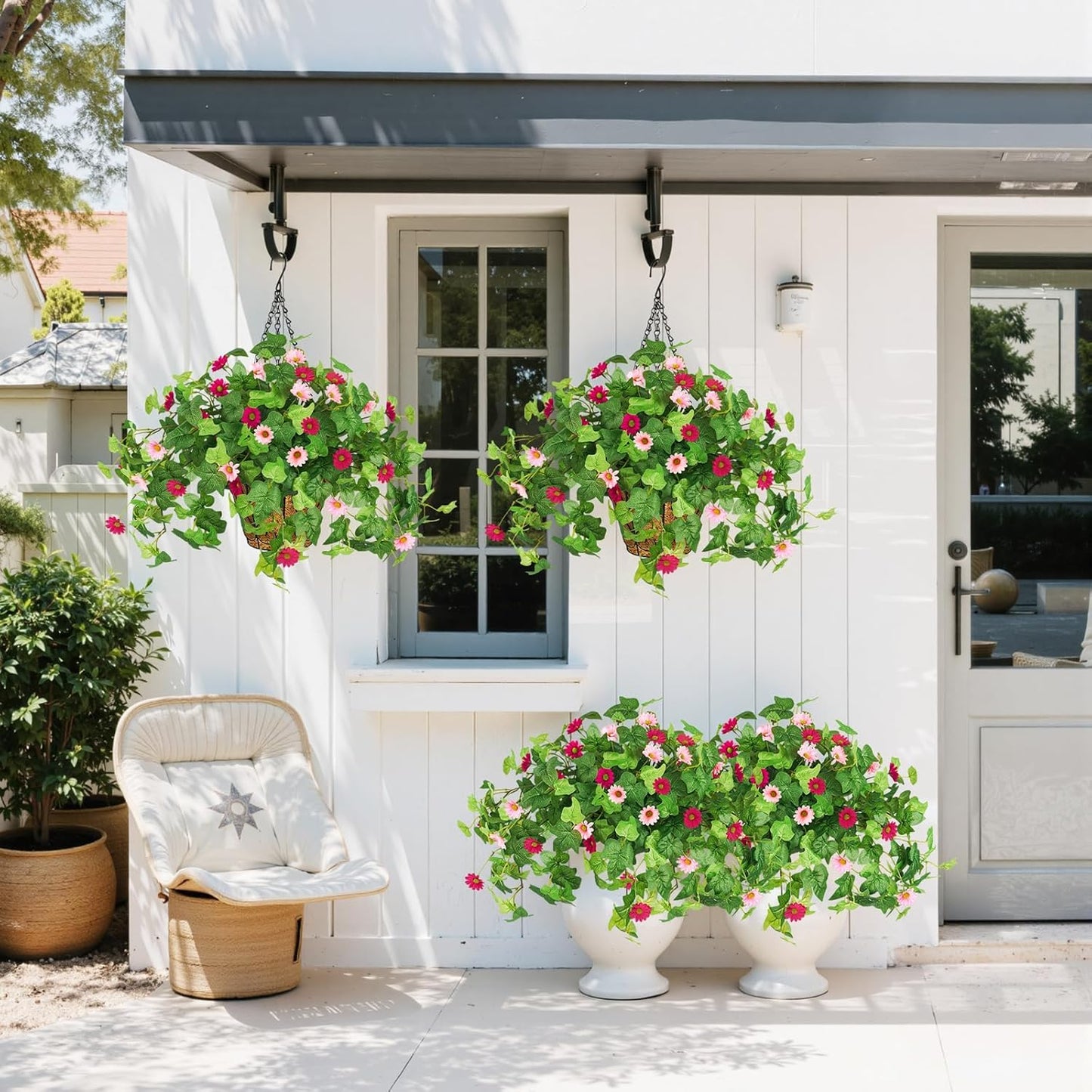 3 Pcs Artificial Flowers for Outdoors UV Resistant Fake Ivy Plants Greenery Faux Silk Daisy Flowers for Outside Planters Garden Porch Window Box Balcony Summer Home Decor (Rose Red,Pink)