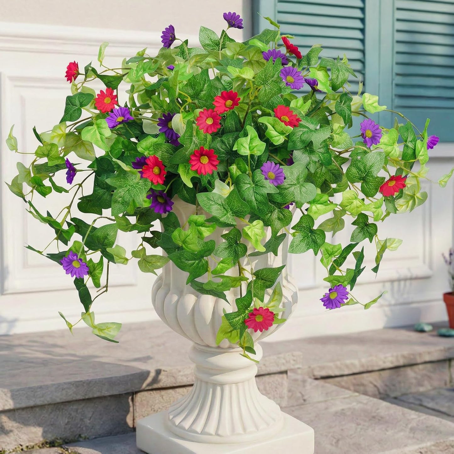 3 Pcs Artificial Flowers for Outdoors UV Resistant Fake Ivy Plants Greenery Faux Silk Daisy Flowers for Outside Planters Garden Porch Window Box Balcony Summer Home Decor (Rose Red,Pink)