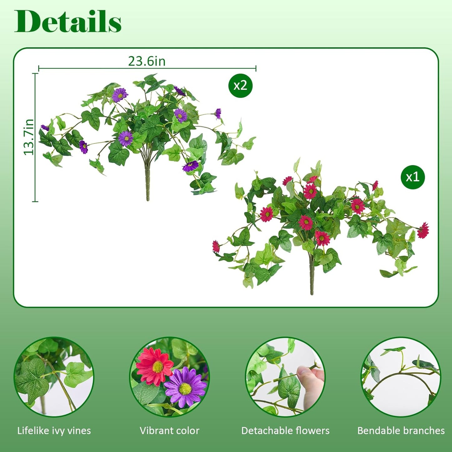 3 Pcs Artificial Flowers for Outdoors UV Resistant Fake Ivy Plants Greenery Faux Silk Daisy Flowers for Outside Planters Garden Porch Window Box Balcony Summer Home Decor (Rose Red,Pink)