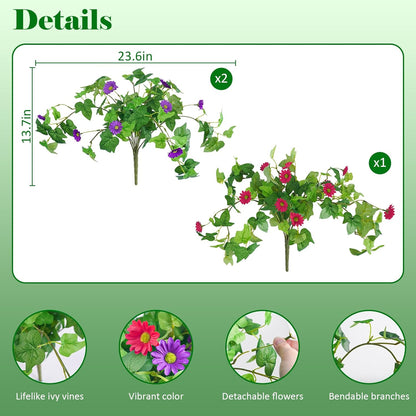 3 Pcs Artificial Flowers for Outdoors UV Resistant Fake Ivy Plants Greenery Faux Silk Daisy Flowers for Outside Planters Garden Porch Window Box Balcony Summer Home Decor (Rose Red,Pink)
