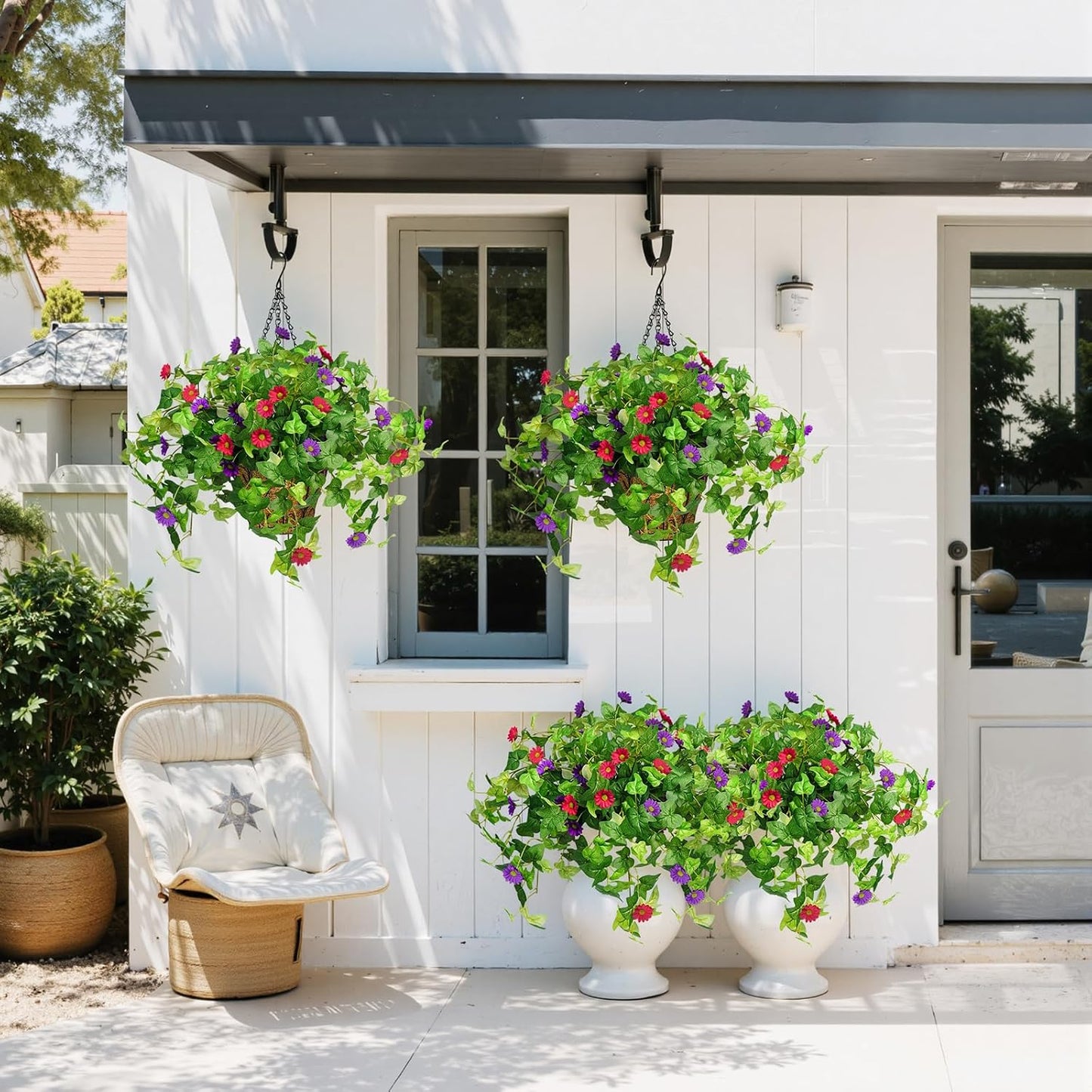 3 Pcs Artificial Flowers for Outdoors UV Resistant Fake Ivy Plants Greenery Faux Silk Daisy Flowers for Outside Planters Garden Porch Window Box Balcony Summer Home Decor (Rose Red,Pink)