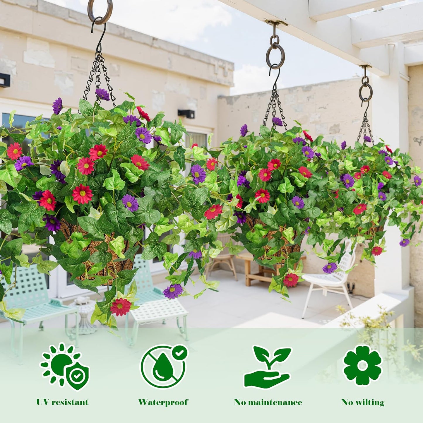 3 Pcs Artificial Flowers for Outdoors UV Resistant Fake Ivy Plants Greenery Faux Silk Daisy Flowers for Outside Planters Garden Porch Window Box Balcony Summer Home Decor (Rose Red,Pink)