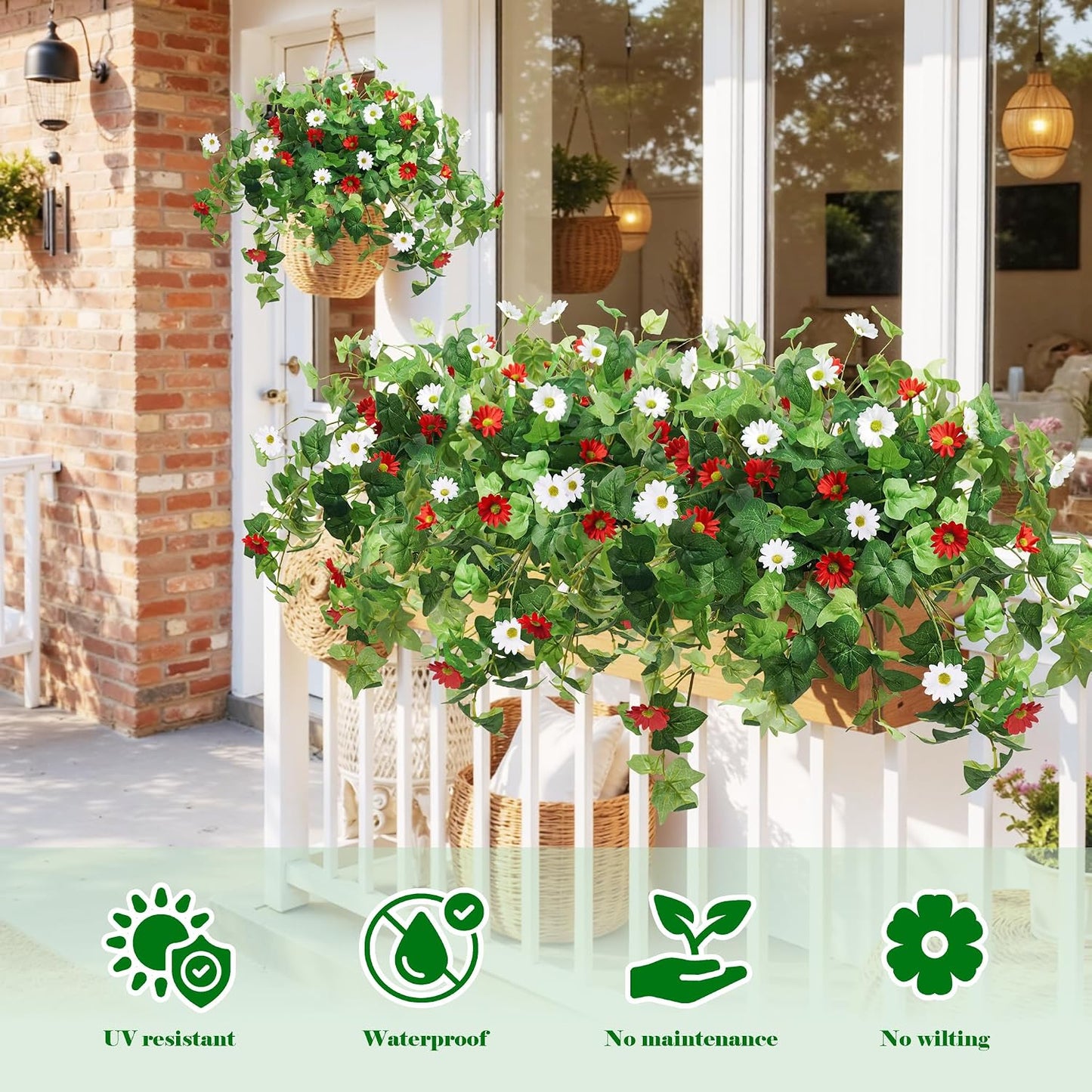 3 Pcs Artificial Flowers for Outdoors UV Resistant Fake Ivy Plants Greenery Faux Silk Daisy Flowers for Outside Planters Garden Porch Window Box Balcony Summer Home Decor (Rose Red,Pink)