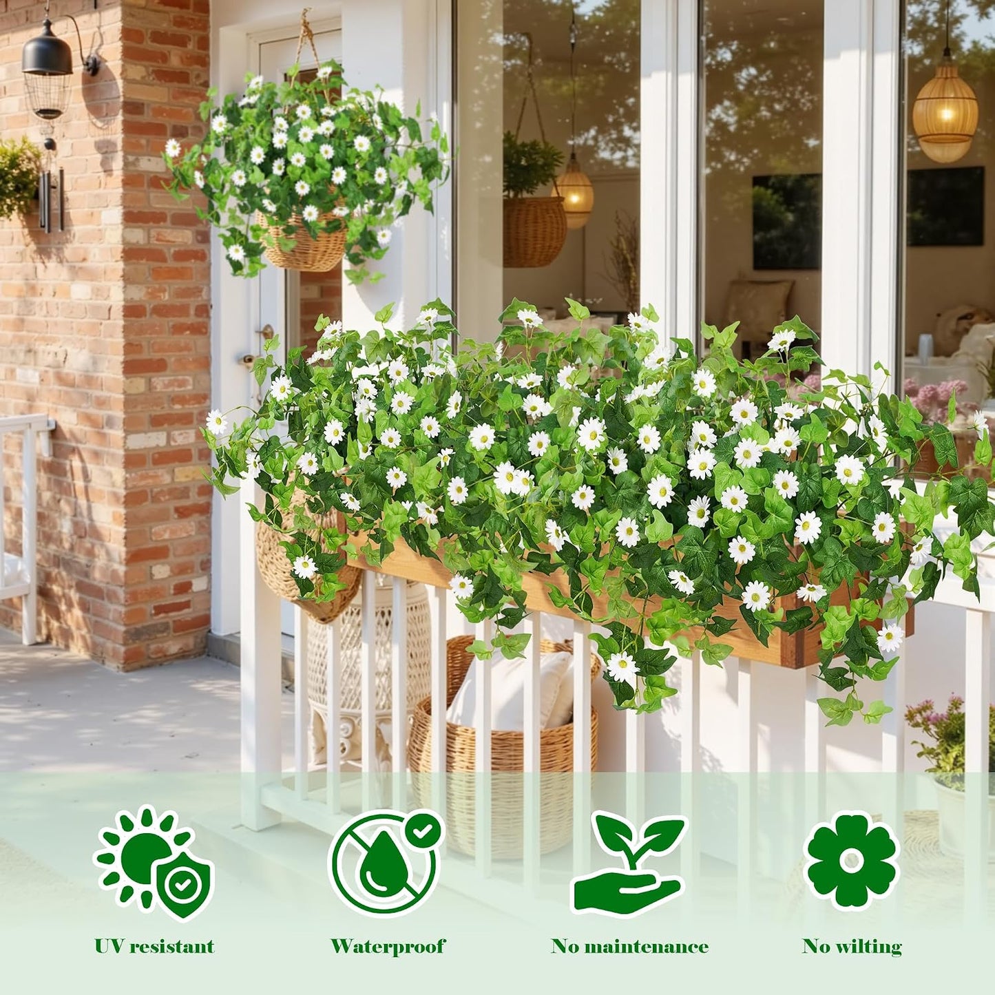 3 Pcs Artificial Flowers for Outdoors UV Resistant Fake Ivy Plants Greenery Faux Silk Daisy Flowers for Outside Planters Garden Porch Window Box Balcony Summer Home Decor (Rose Red,Pink)