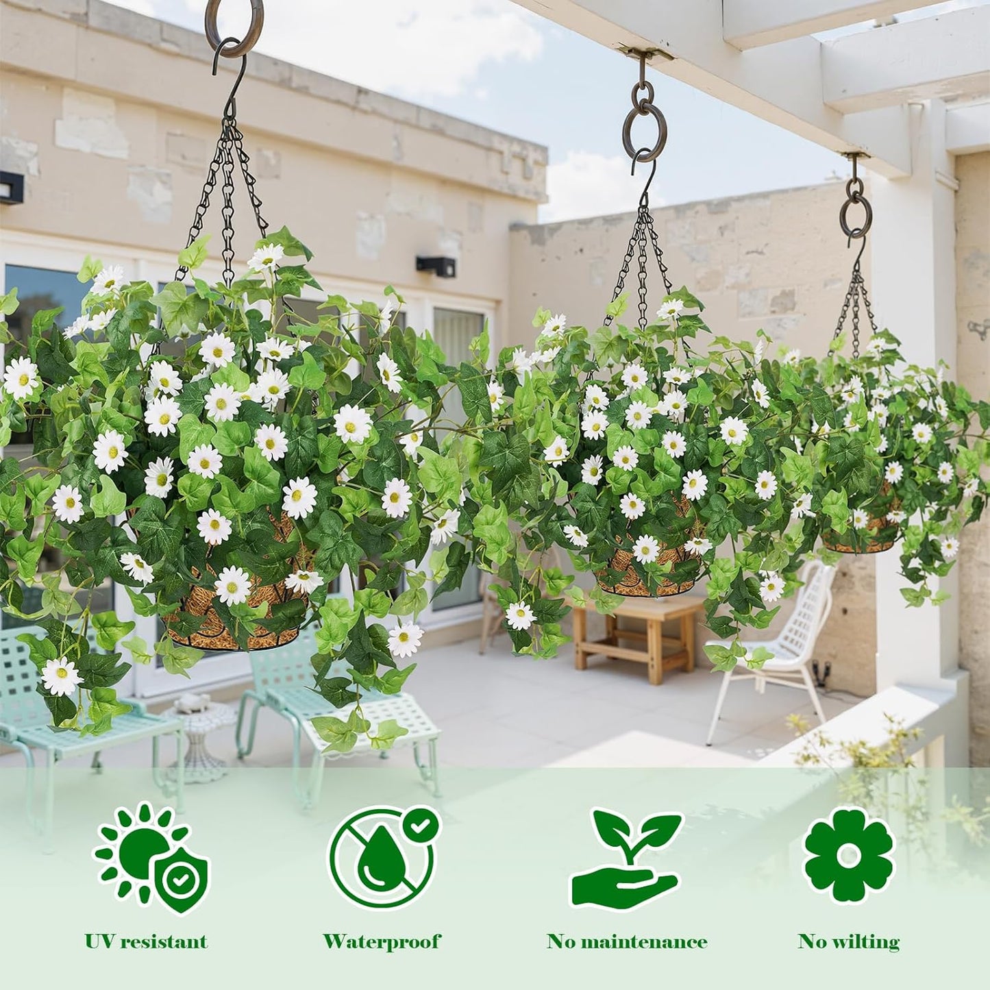 3 Pcs Artificial Flowers for Outdoors UV Resistant Fake Ivy Plants Greenery Faux Silk Daisy Flowers for Outside Planters Garden Porch Window Box Balcony Summer Home Decor (Rose Red,Pink)