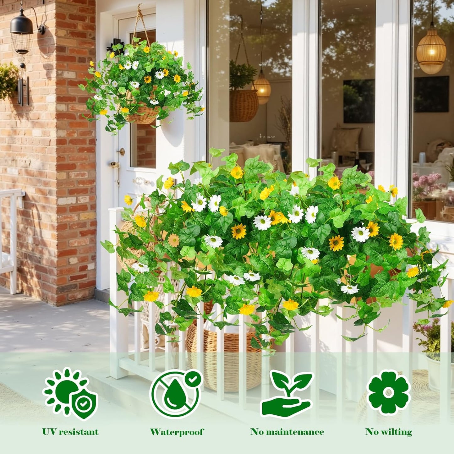 3 Pcs Artificial Flowers for Outdoors UV Resistant Fake Ivy Plants Greenery Faux Silk Daisy Flowers for Outside Planters Garden Porch Window Box Balcony Summer Home Decor (Rose Red,Pink)