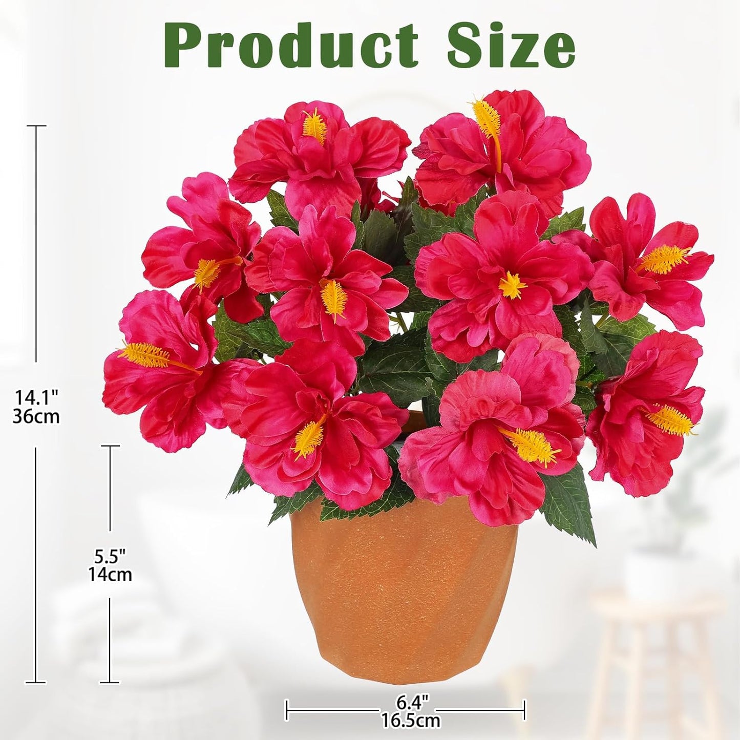 Artificial Hibiscus Flowers in Pot, 14.5’’ Faux Hibiscus Plant, Spring Summer Flowers for Home Decor, Farmhouse Table Decor & Coffee Table Decor, Indoor Potted Fake Flower, Peach