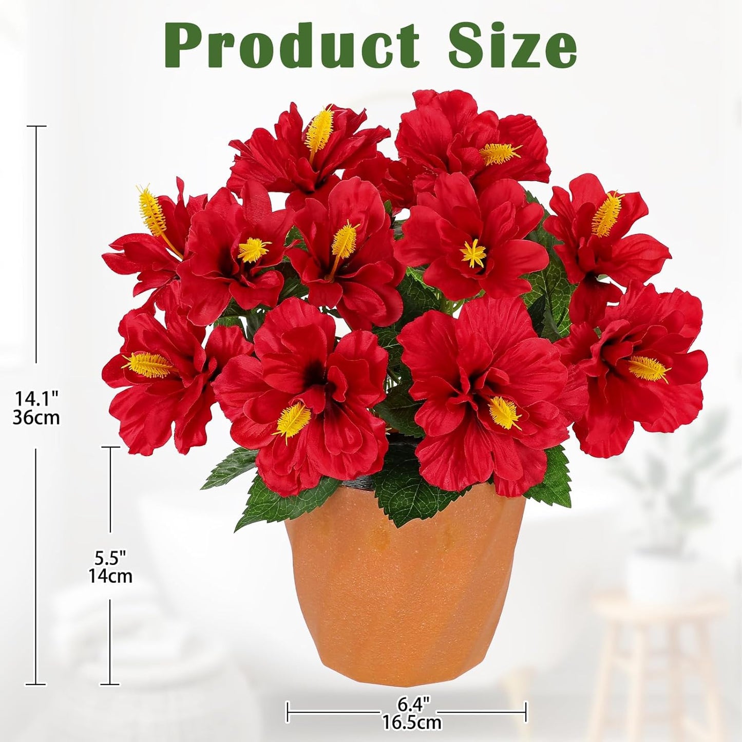 Artificial Hibiscus Flowers in Pot, 14.5’’ Faux Hibiscus Plant, Spring Summer Flowers for Home Decor, Farmhouse Table Decor & Coffee Table Decor, Indoor Potted Fake Flower, Peach