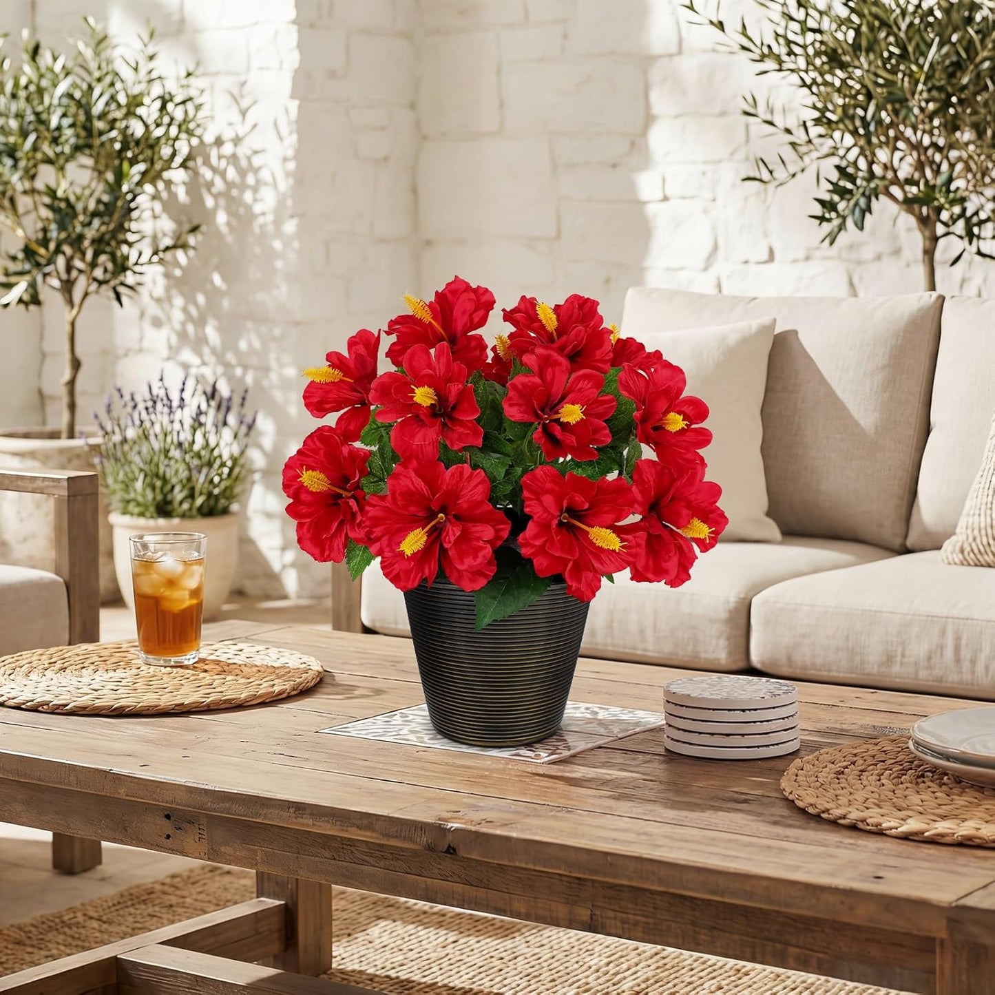 Artificial Hibiscus Flowers in Pot, 14.5’’ Faux Hibiscus Plant, Spring Summer Flowers for Home Decor, Farmhouse Table Decor & Coffee Table Decor, Indoor Potted Fake Flower, Peach